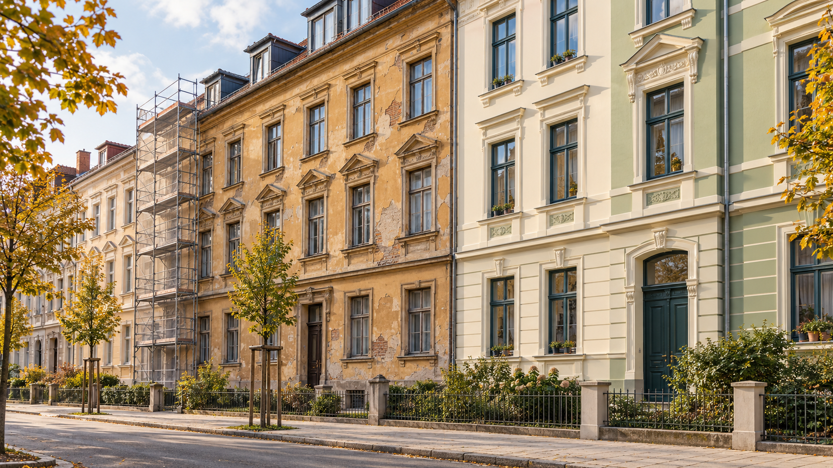 KI-Symbolbild: Sanierungsbedürftiges Wohnhaus neben einer erneuerten Fassade und einem Baugerüst in einer fiktiven Straße.