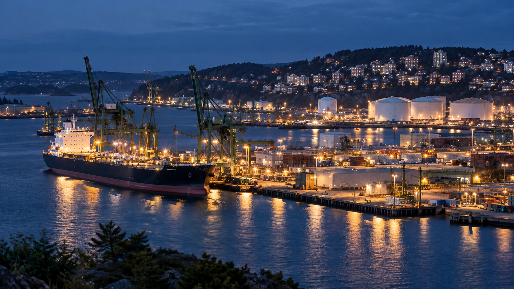 KI-Symbolbild: Fiktiver Energiehafen mit Frachtschiff und Lagertanks bei Abendlicht.