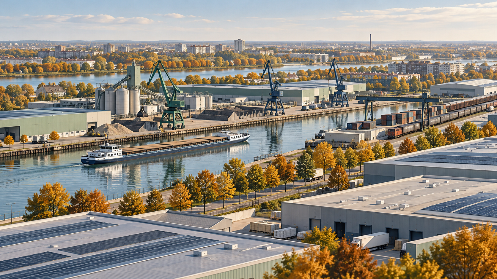 KI-Symbolbild: Binnenhafen mit Frachtschiff, Kränen und Bahngleisen.