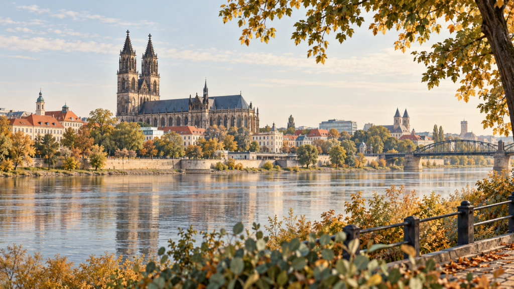 KI-Symbolbild: künstlerische Interpretation einer herbstlichen Elbansicht mit Magdeburger Dom.