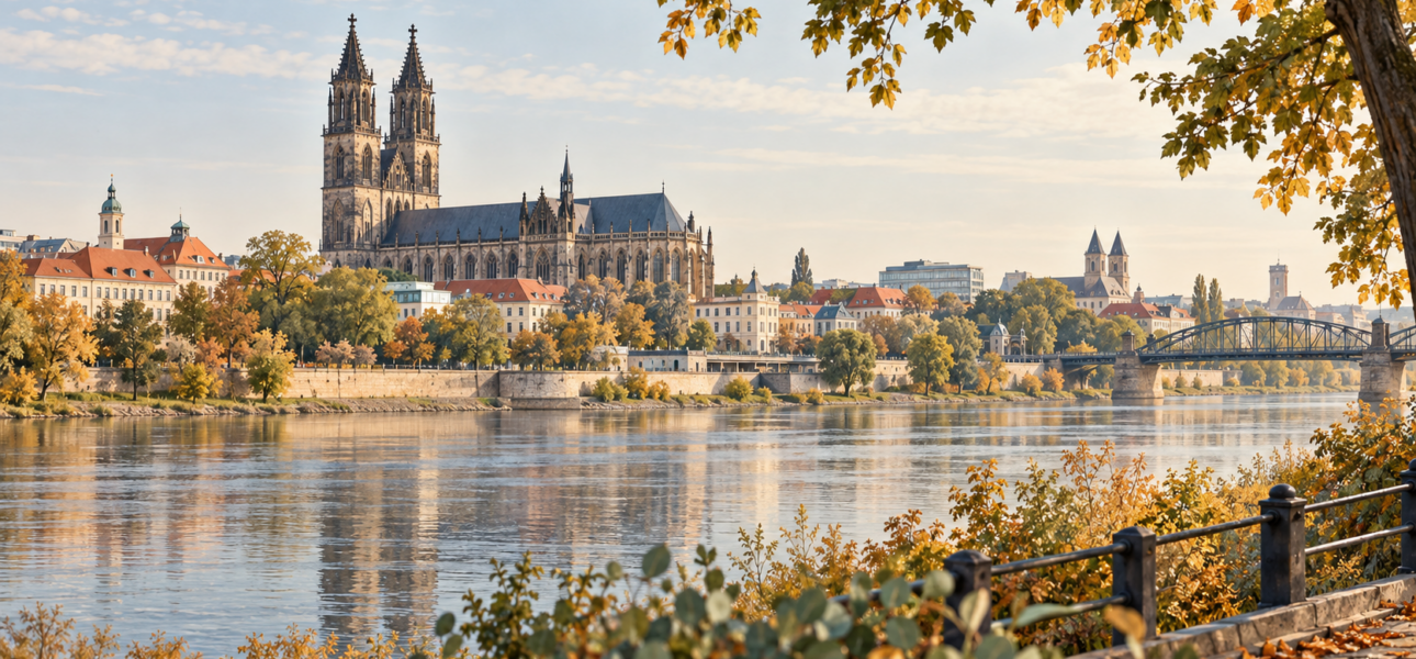 KI-Symbolbild: künstlerische Interpretation einer herbstlichen Elbansicht mit Magdeburger Dom.