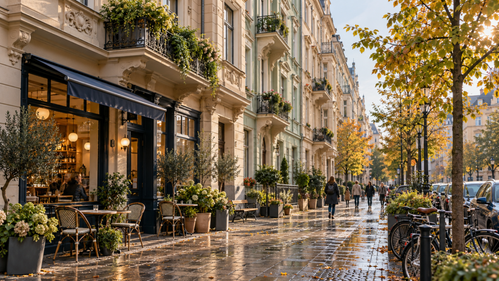 KI-Symbolbild eines fiktiven Stadtquartiers mit Altbaufassaden, Café und herbstlicher Straße.
