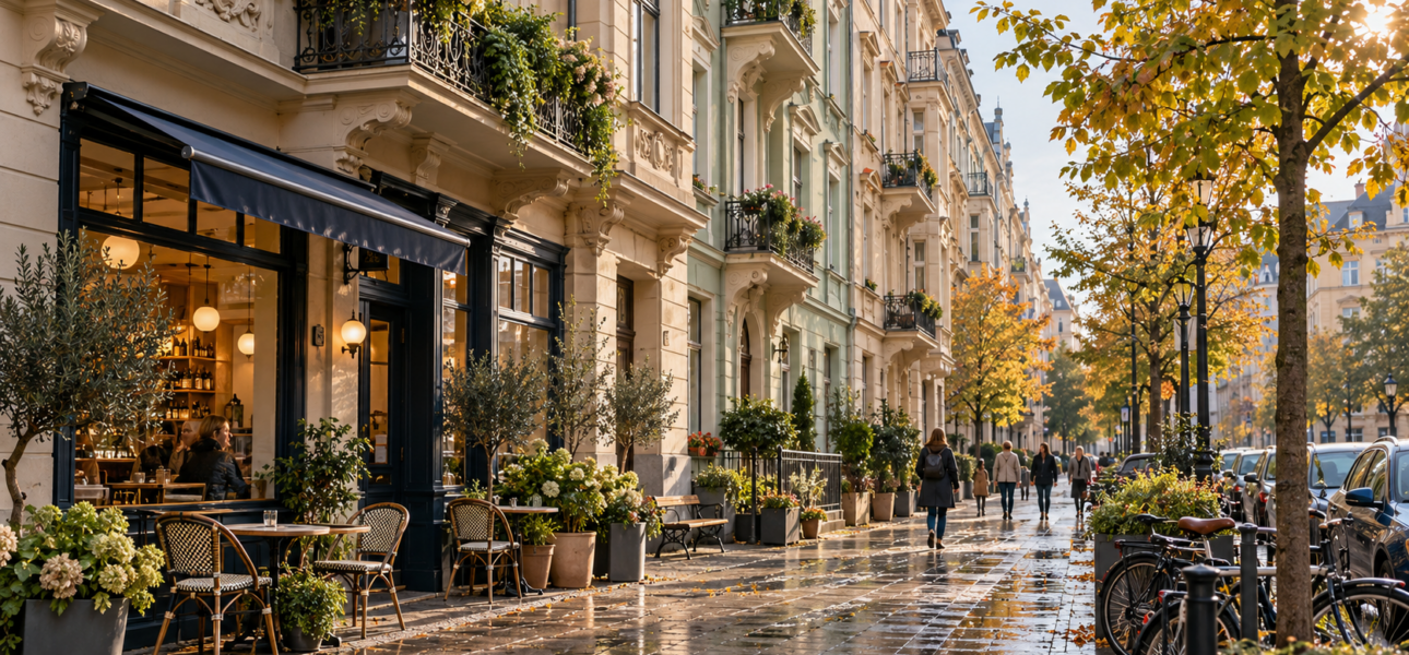 KI-Symbolbild eines fiktiven Stadtquartiers mit Altbaufassaden, Café und herbstlicher Straße.