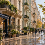 KI-Symbolbild eines fiktiven Stadtquartiers mit Altbaufassaden, Café und herbstlicher Straße.